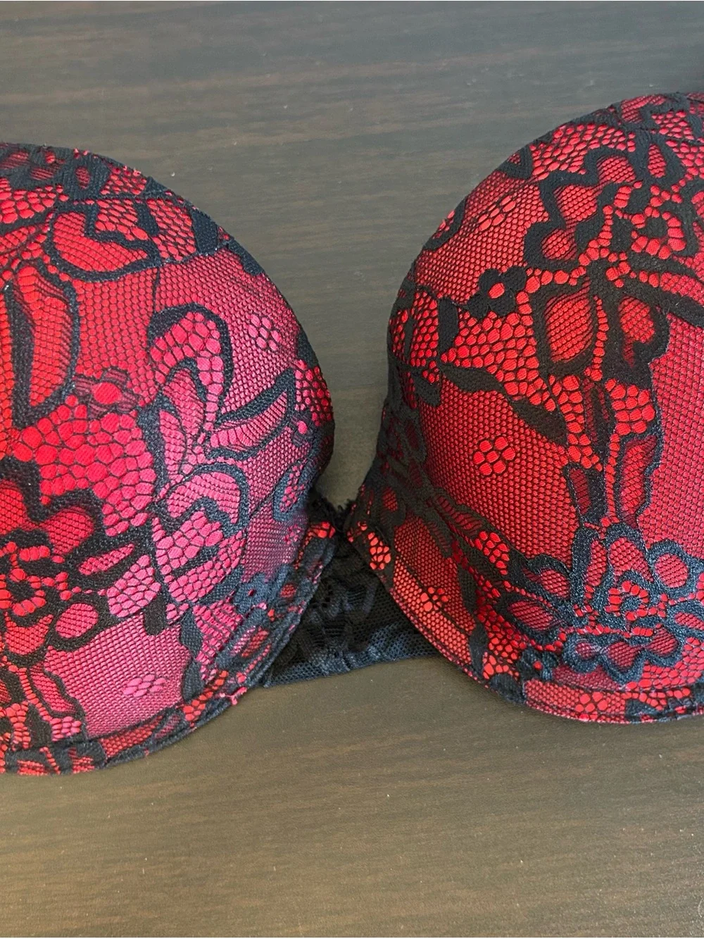 Red Lace Overlay Push-Up Bra with Black Detailing - Picture 2 of 6